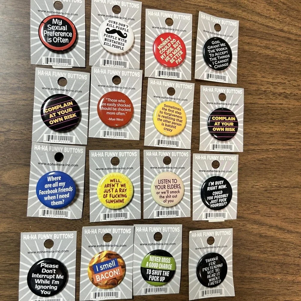 Ephemera Ha-Ha Funny Buttons Pin Lot of 24 Multicolor NEW Sarcastic Snarky